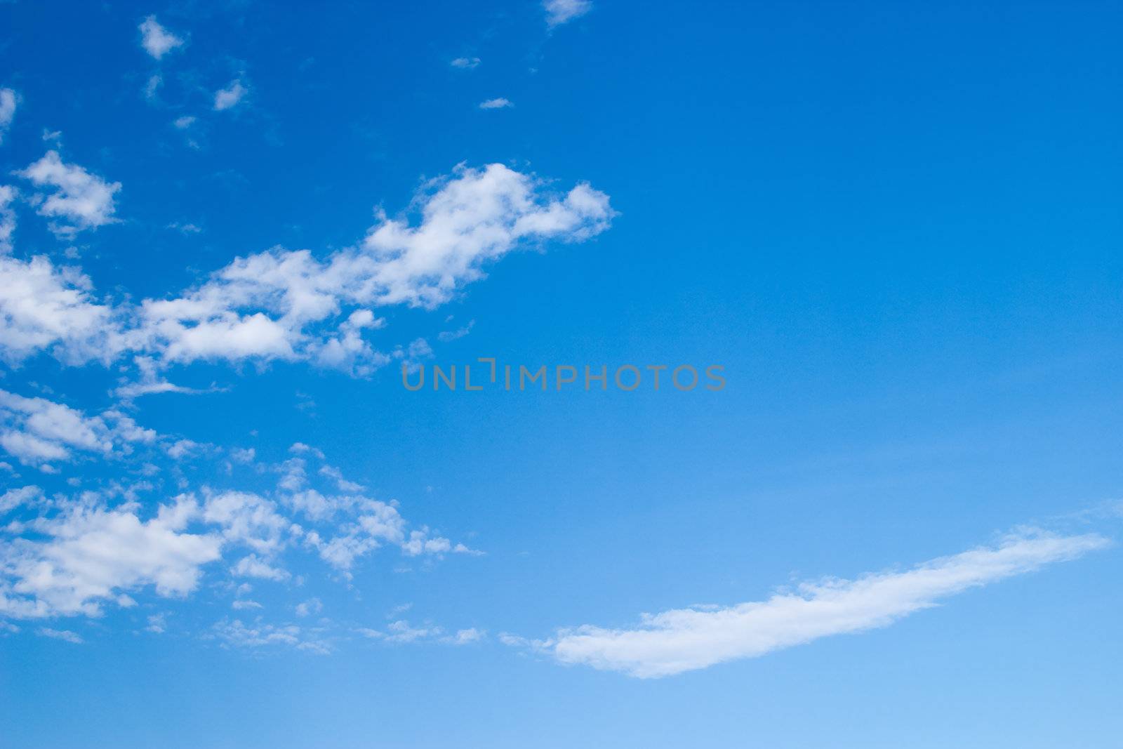 The bright blue sky with clouds