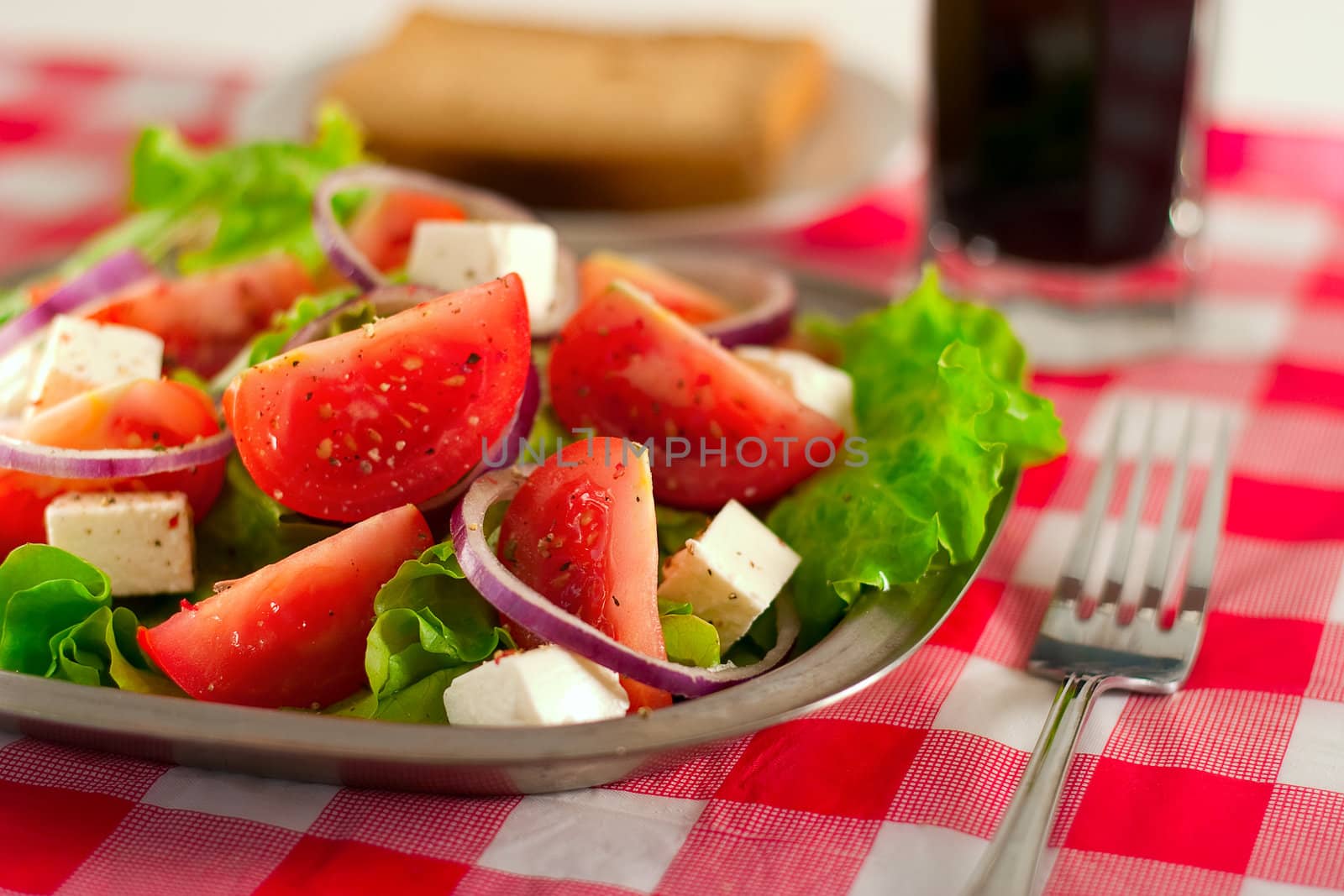 Greek salad with tomatoes cheese, herbs and onions
