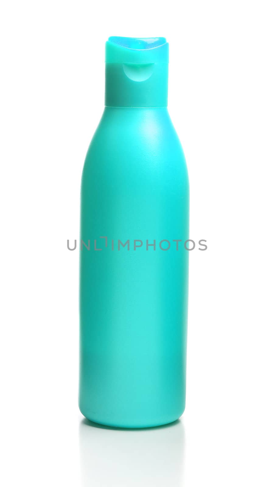 A bottle of shampoo is isolated on a white background