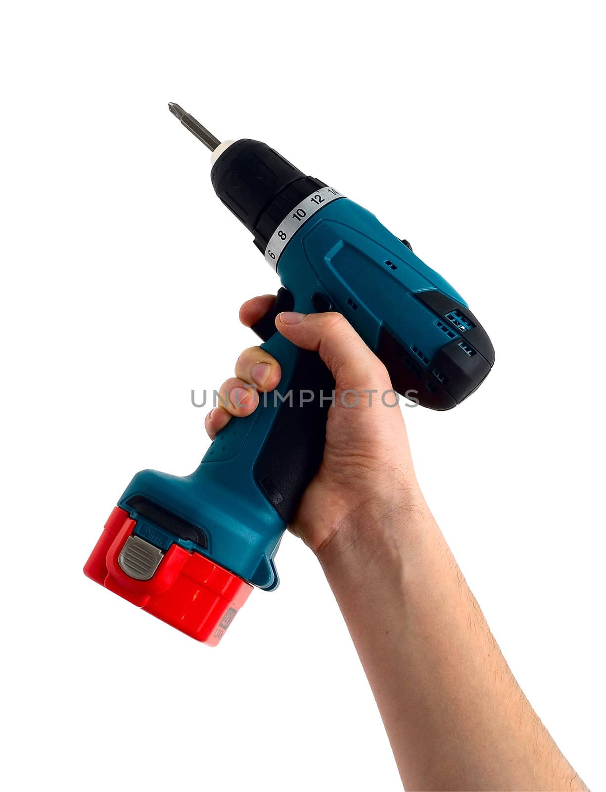 Hand with the drill isolated on a white background
