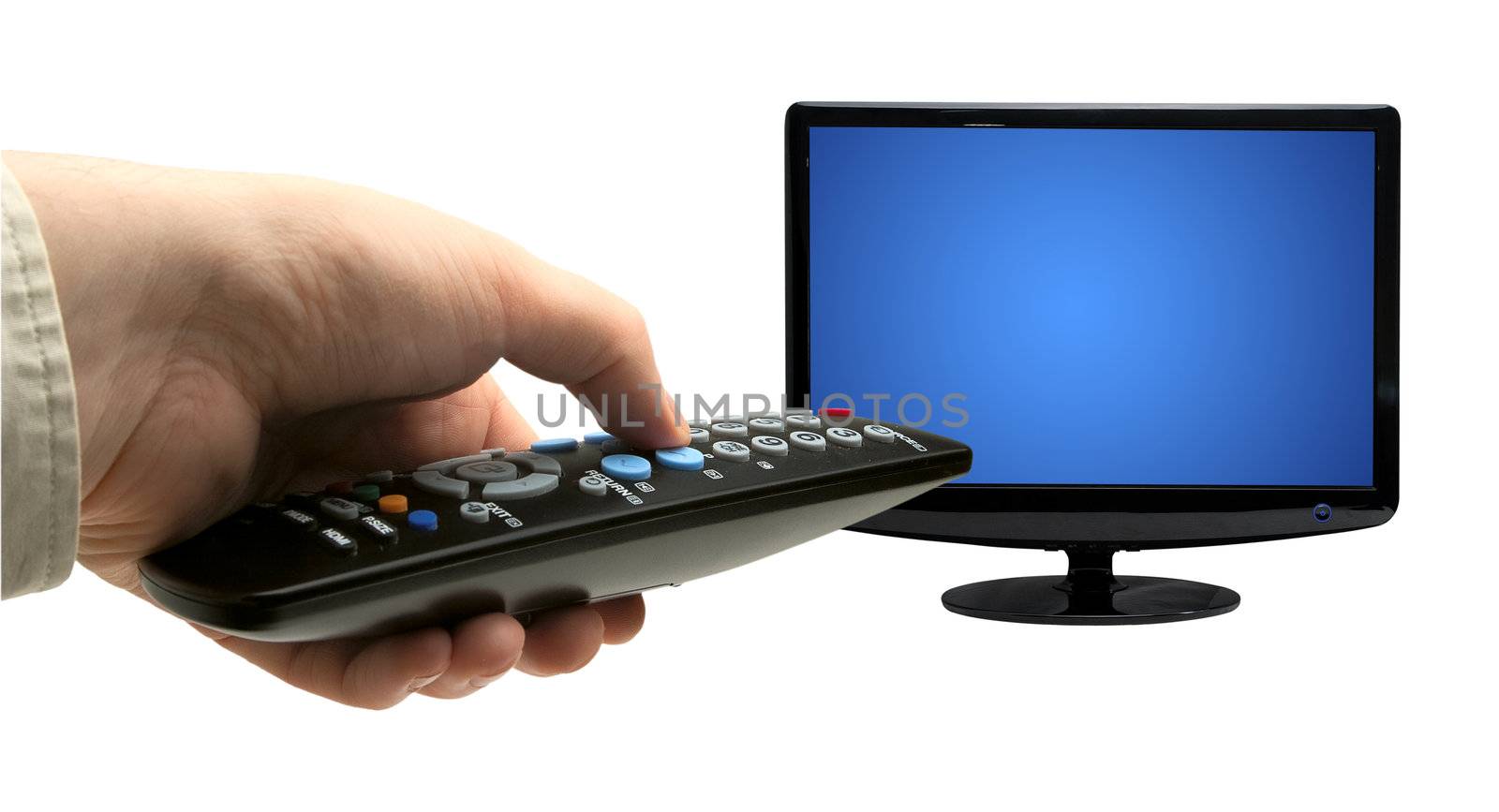Hand holding TV remote control. Isolated on a white background