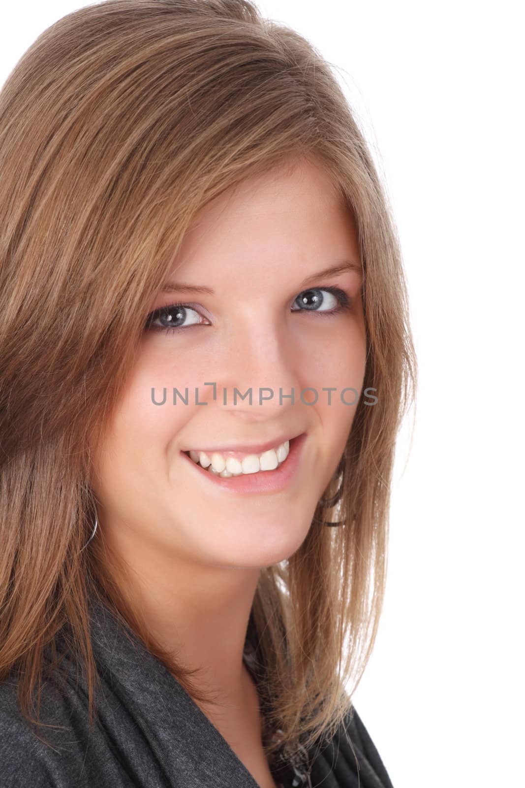 portrait of a young caucasian woman, white background