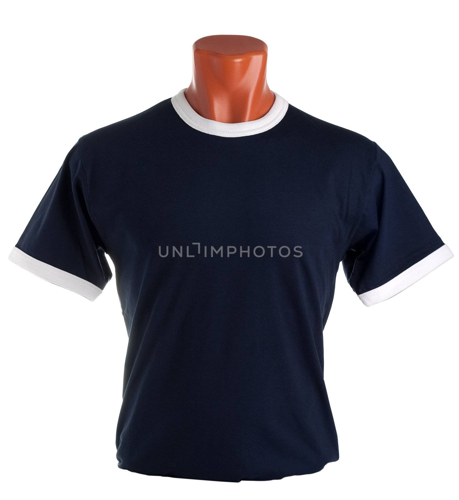 T-shirt on a mannequin isolated on white background. Front view, small folds, natural position.