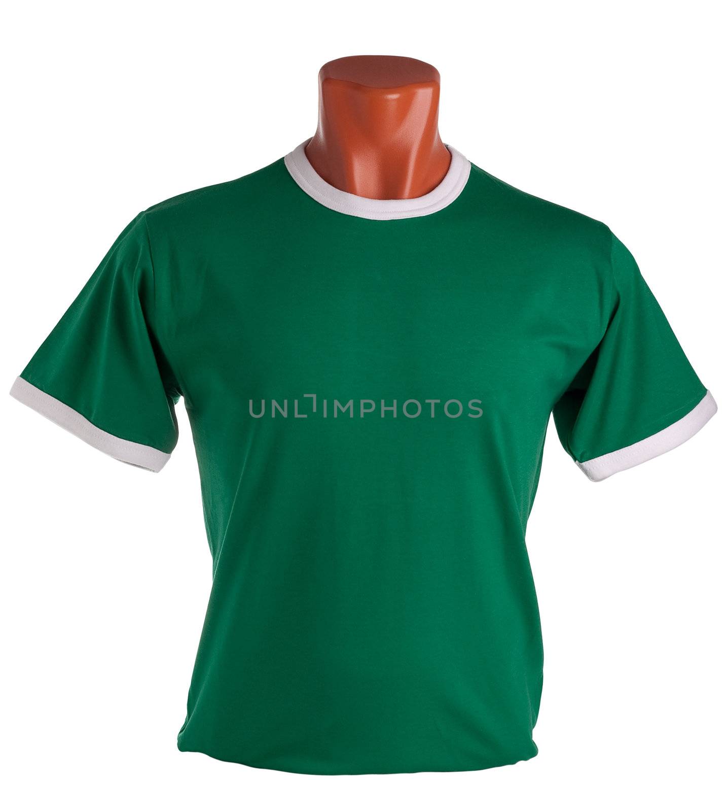 T-shirt on a mannequin isolated on white background. Front view, small folds, natural position.