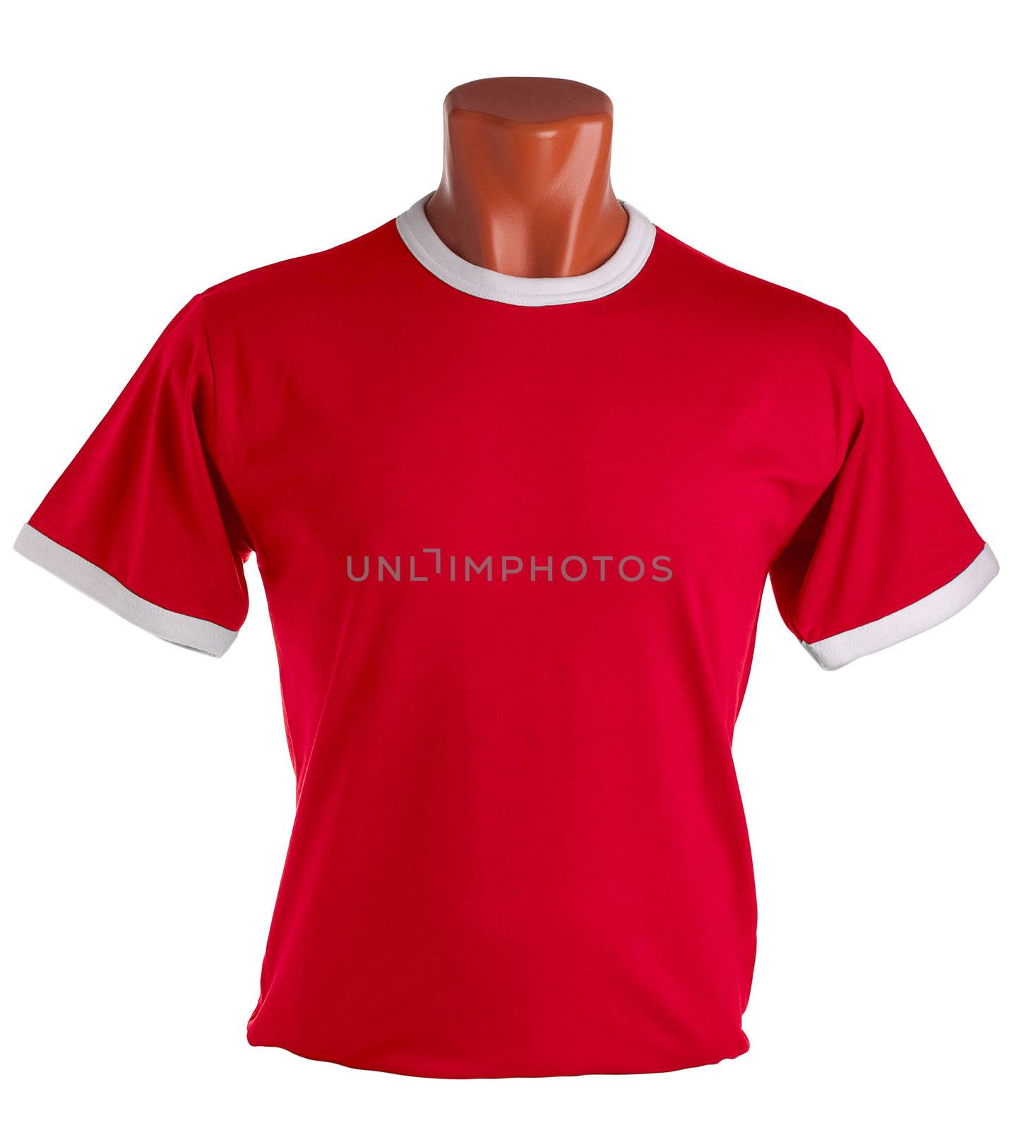 T-shirt on a mannequin isolated on white background. Front view, small folds, natural position.