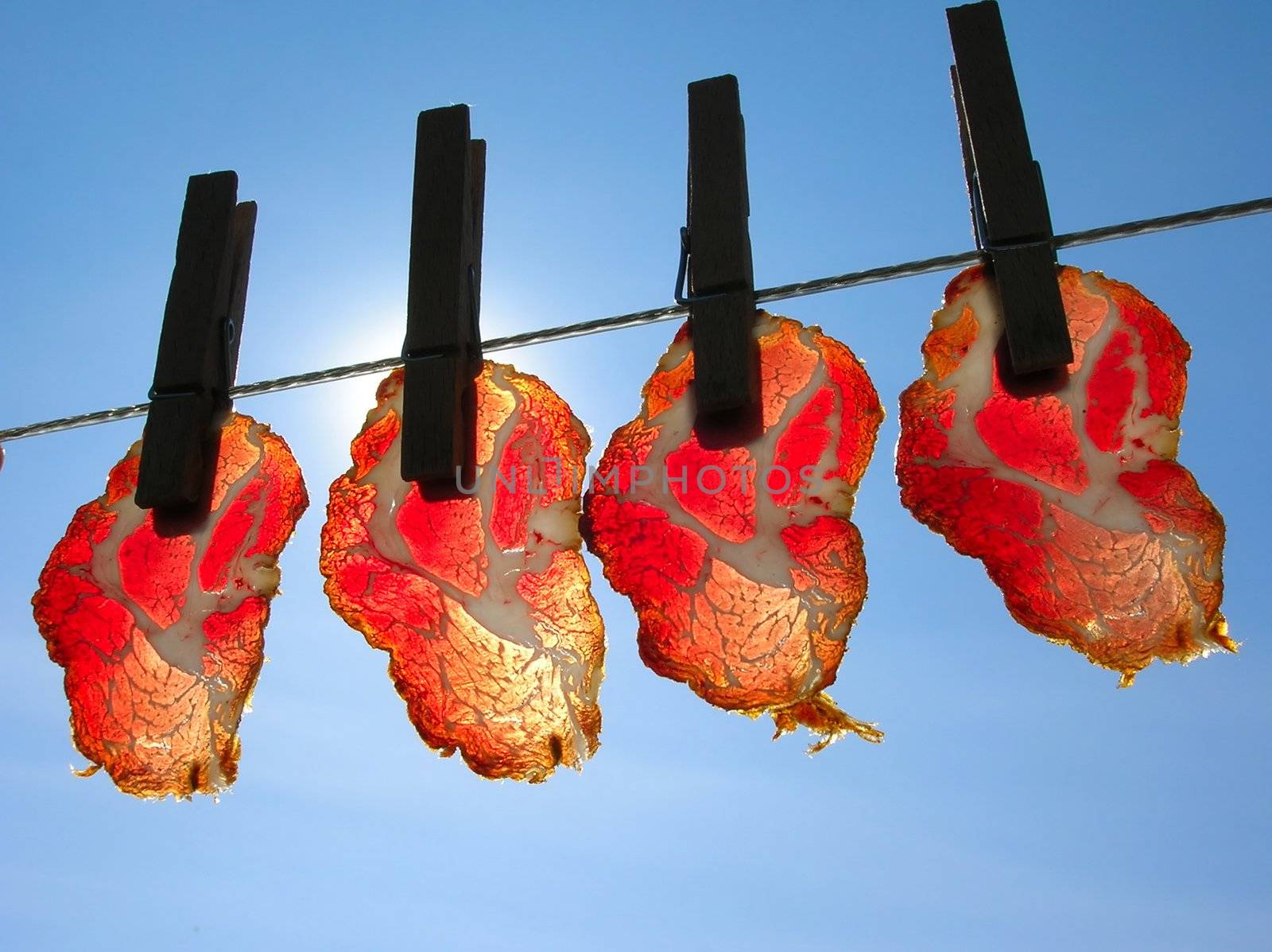 smoked meat slices on line over blue sky