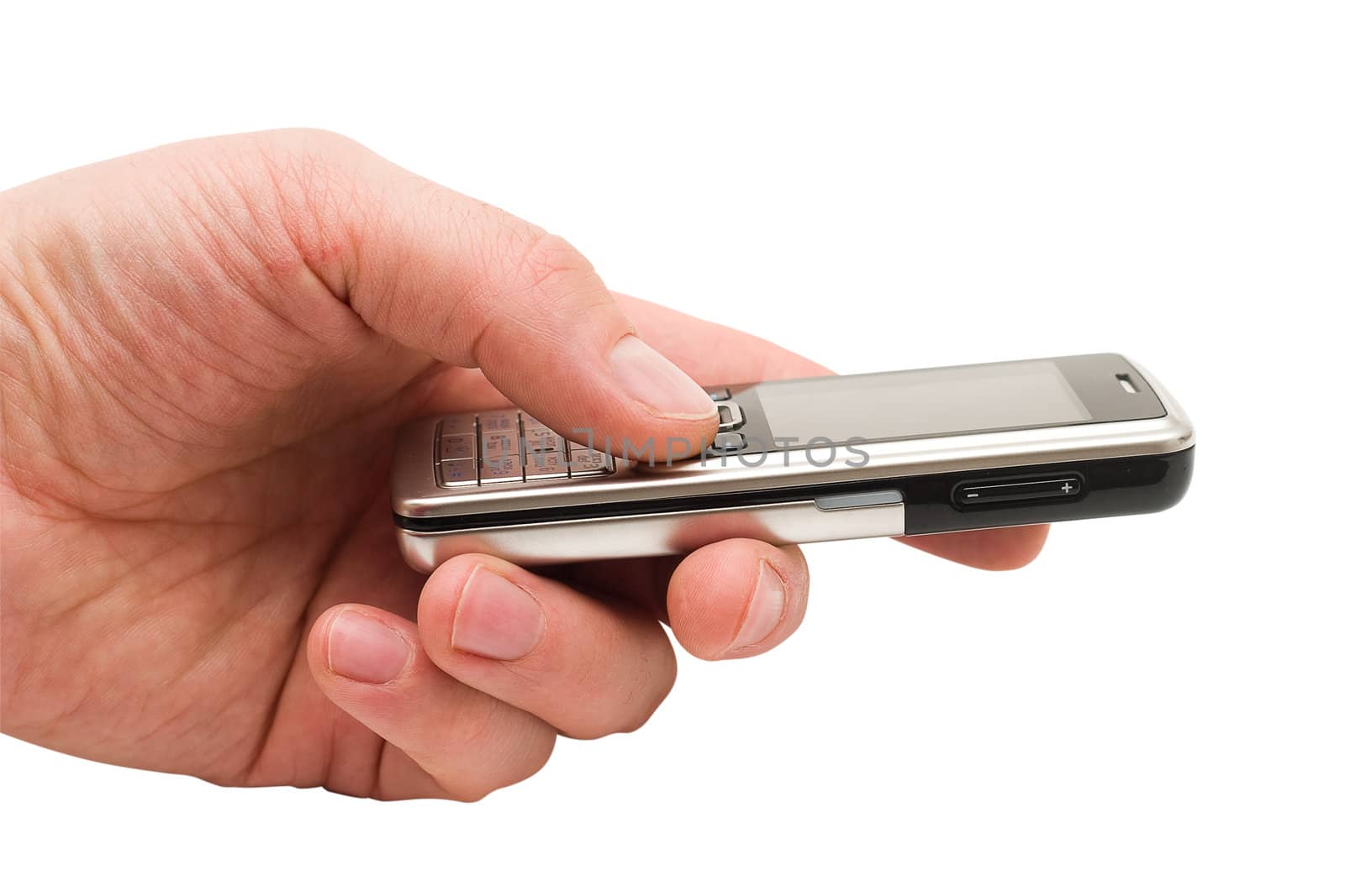 Man's hand holding a cell phone isolated on white background