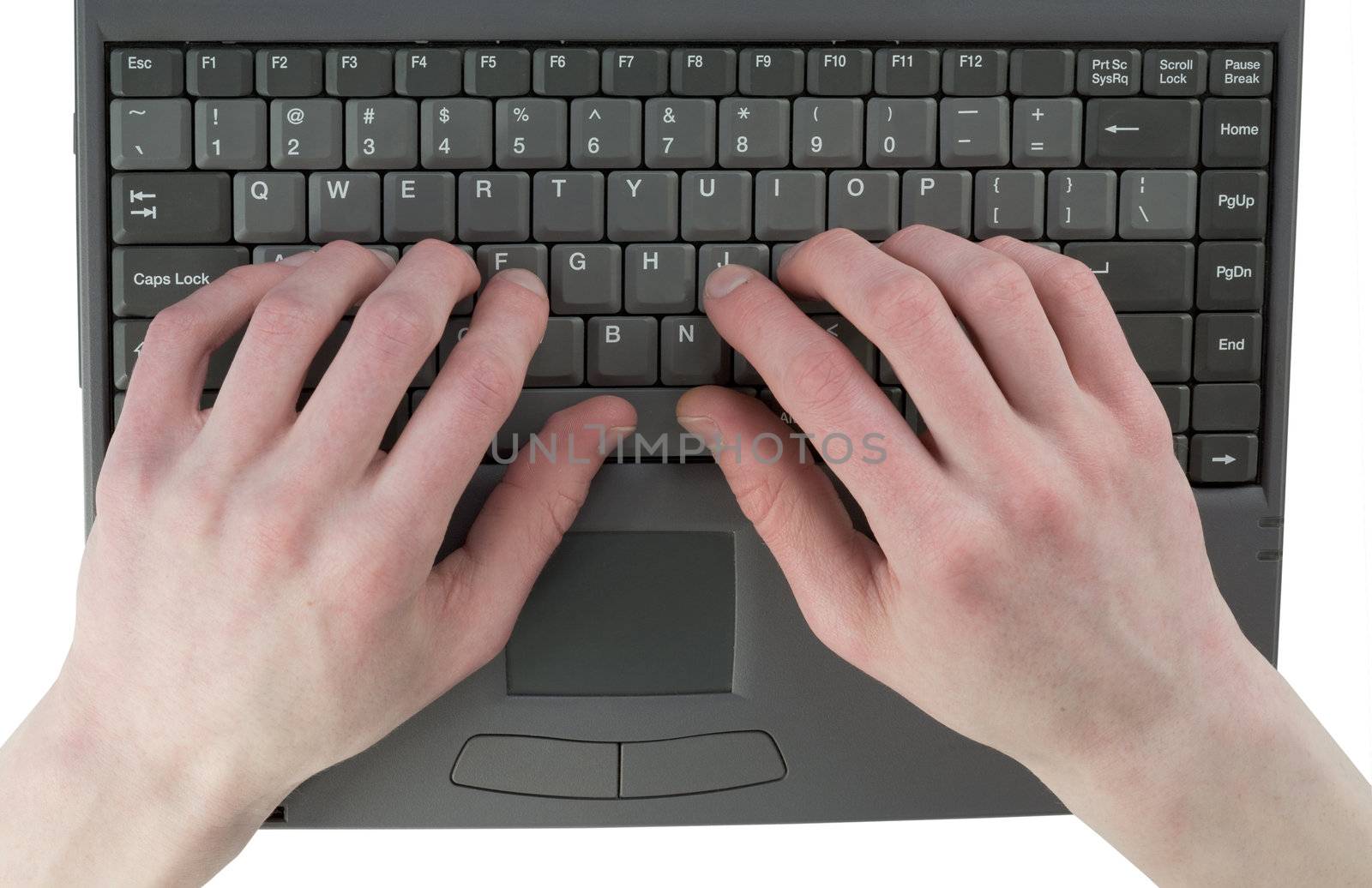 Male hand on keyboard on the white background