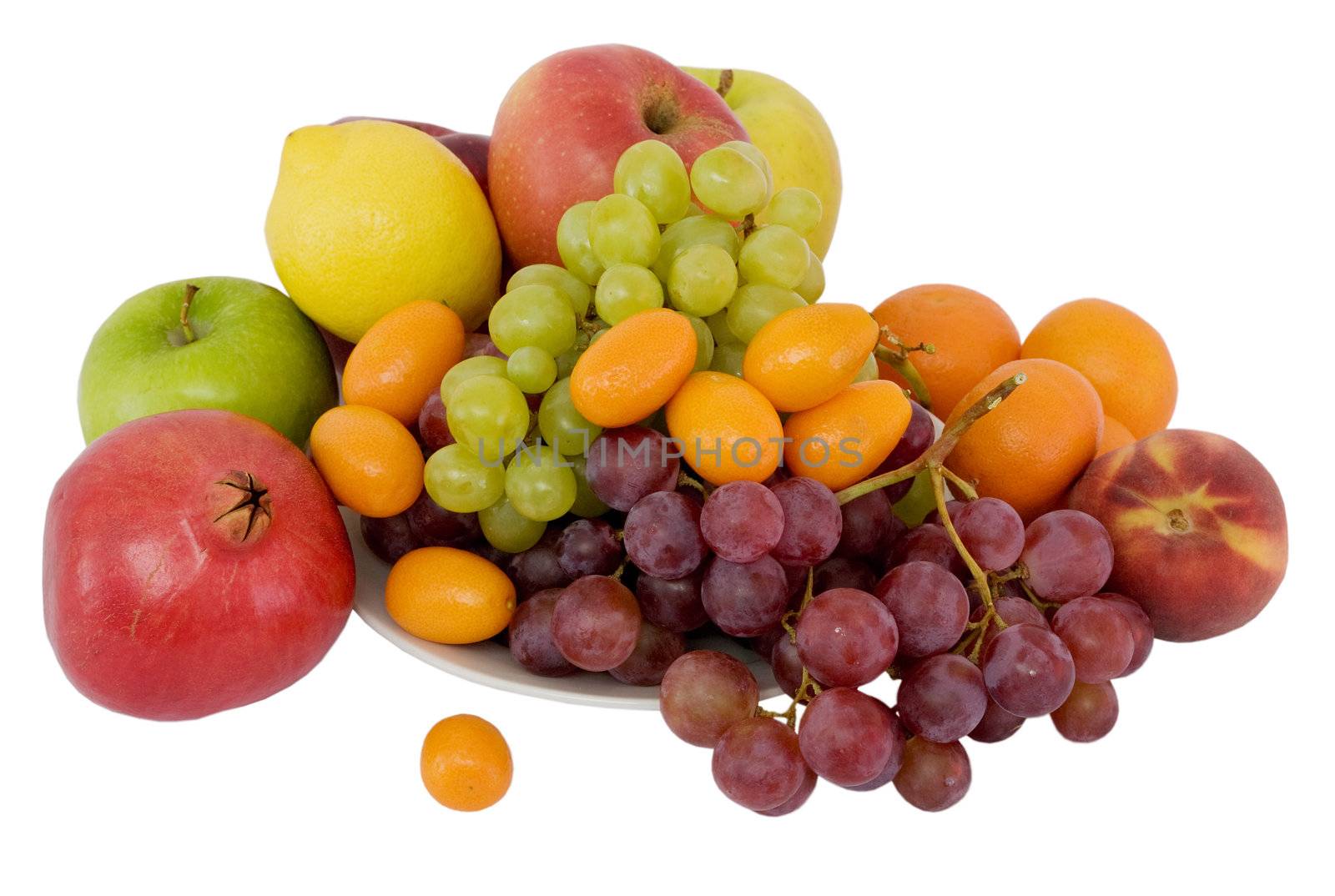 Fruit - kumquat, apple, grapes, peach, lemon, tangerine, pomegranate