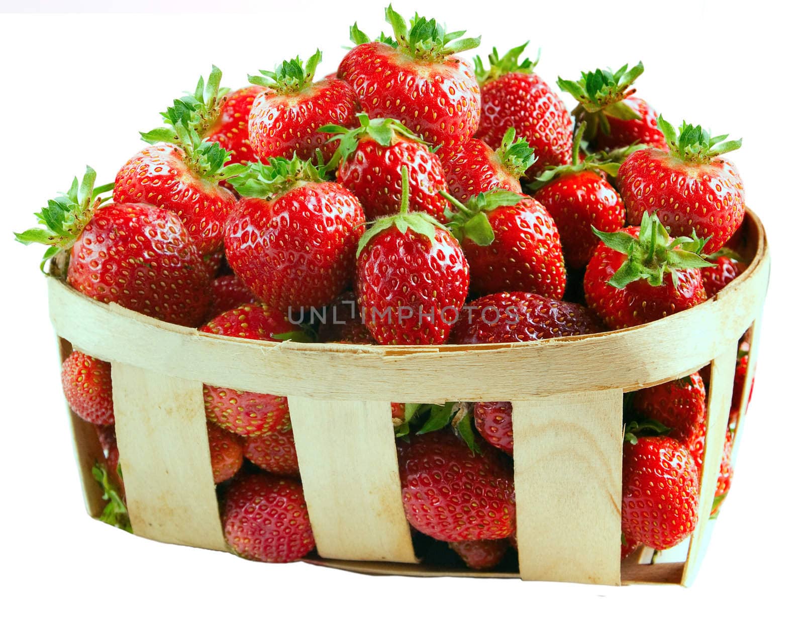 Basket with fresh strawberries isolated on white background.