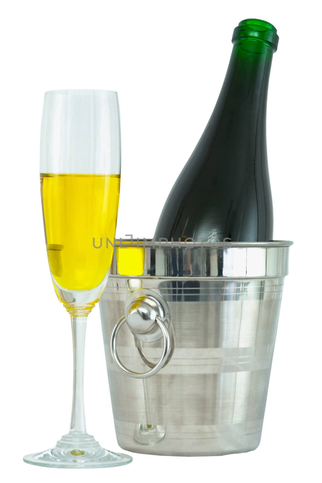 Still-life with a glass of wine and a bottle on a white background
