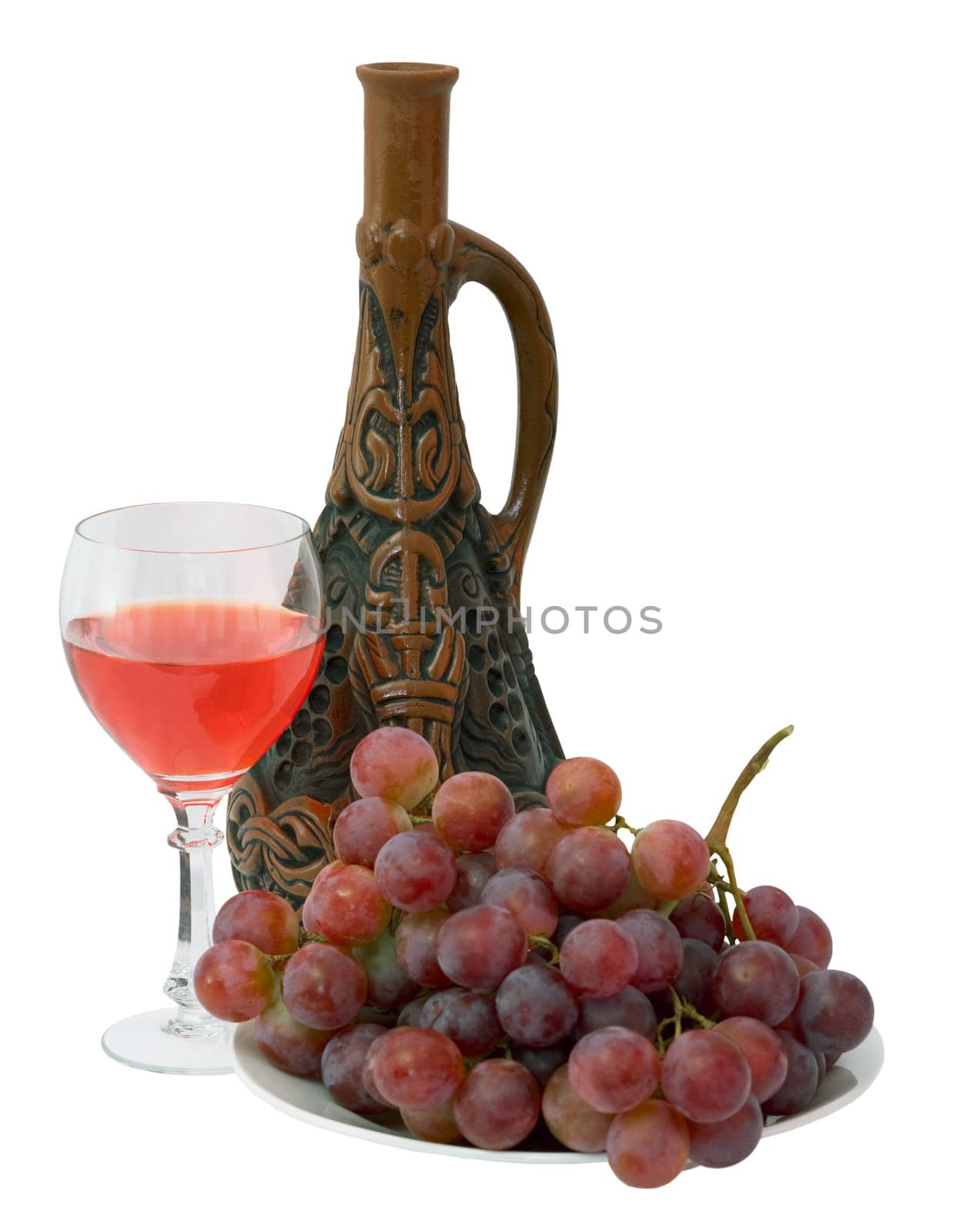 Bright still life with grapes and wine on white