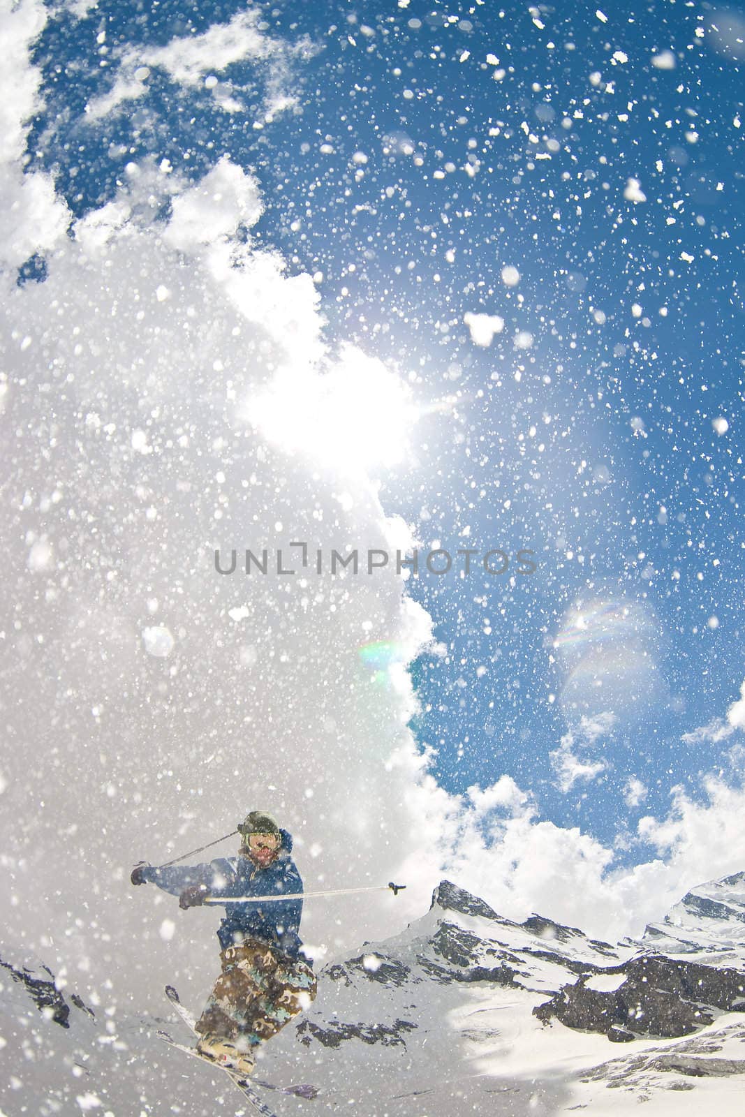 Freerider jumping in a mountains, Caucasus, Elbrus, summer