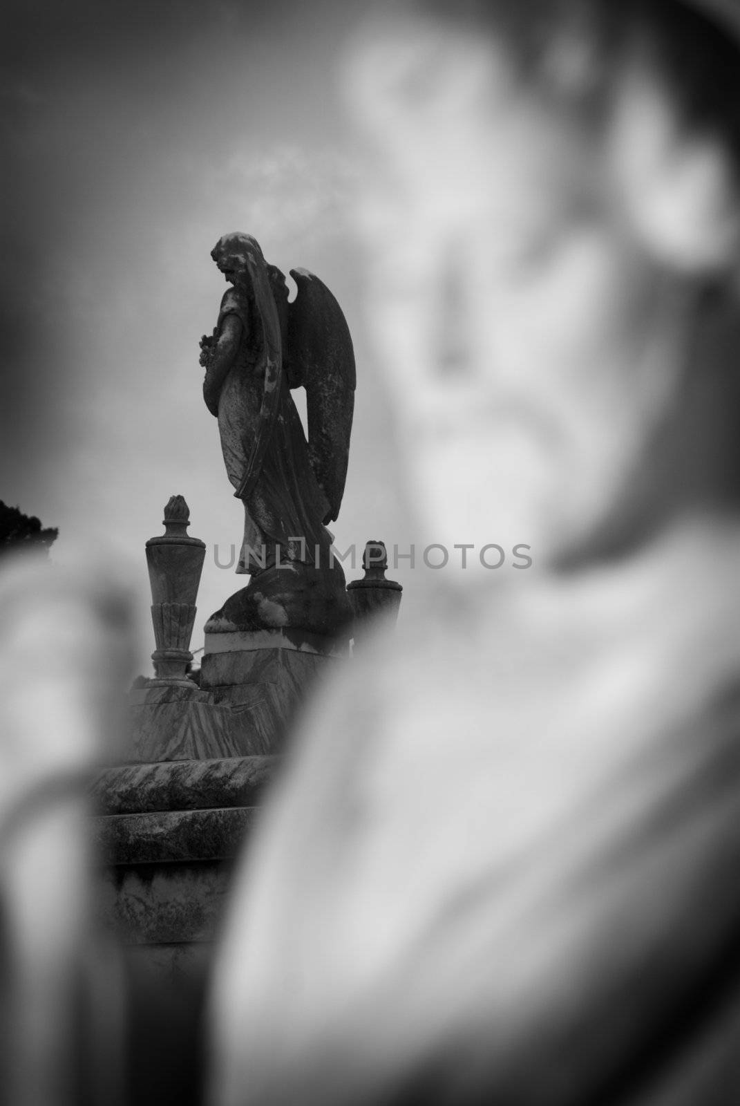 Black and White selective focus image of an angel adorning an above ground tomb with the statue of a man in the foreground.