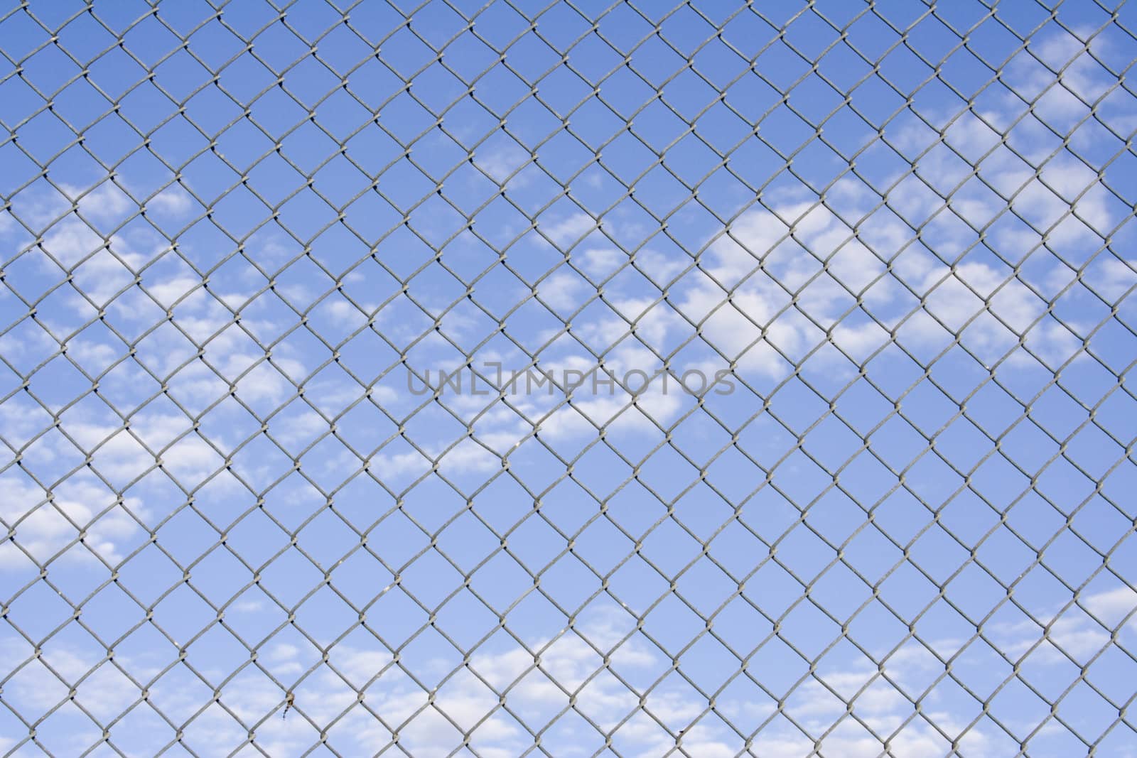 Close up of fence with a blue cloudy sky in the background