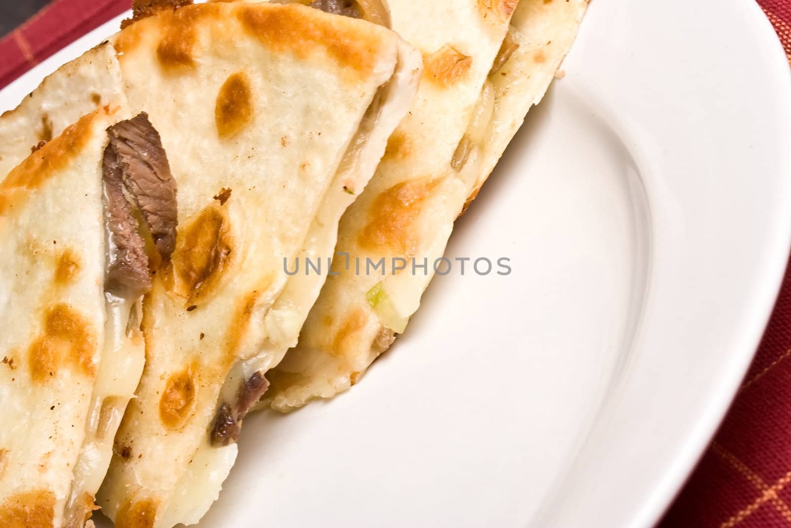 fresh off the stove a steak Quesadilla on a white plate