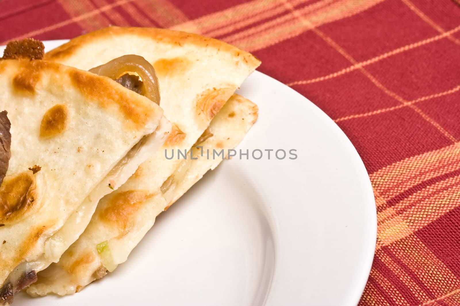 fresh off the stove a steak Quesadilla on a white plate