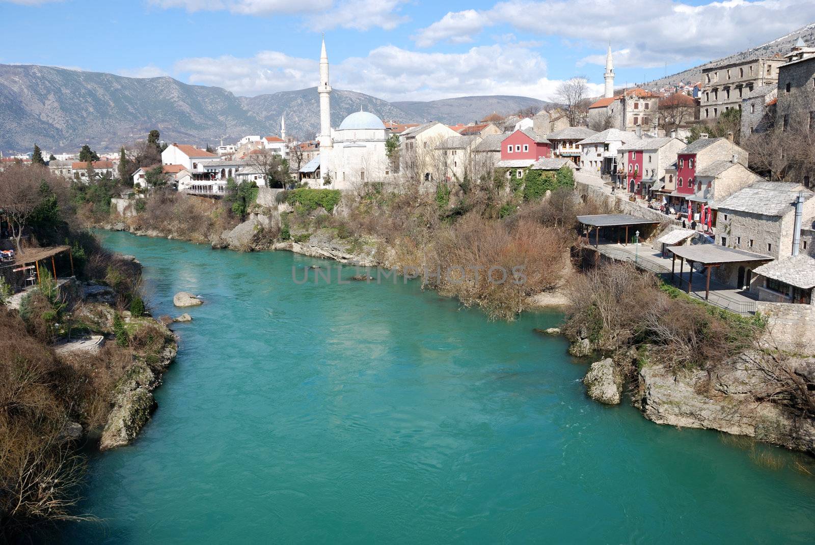 Mosque in Mostar Old Town on a sunny winter day.