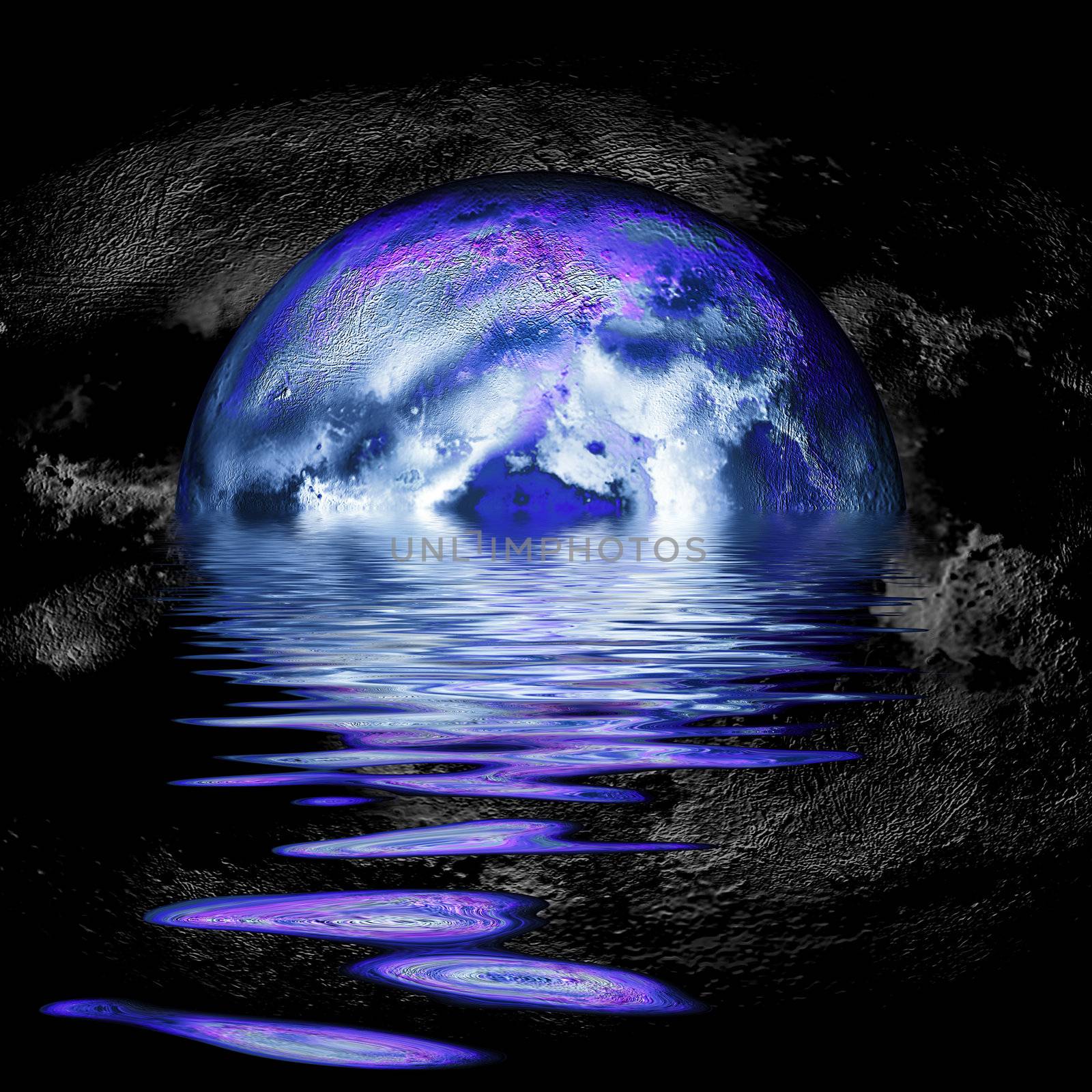 large moon reflecting over smooth waves on water  on black outer space nice web background