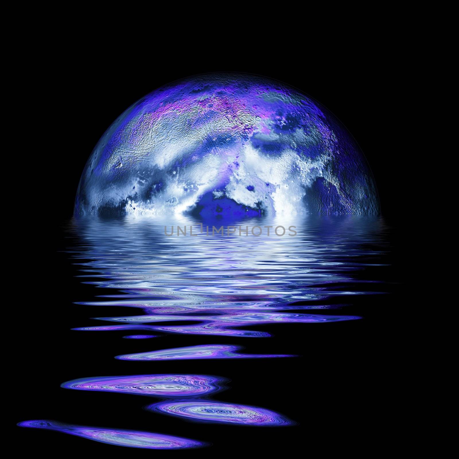 large moon reflecting over smooth waves on water  on black outer space nice web background