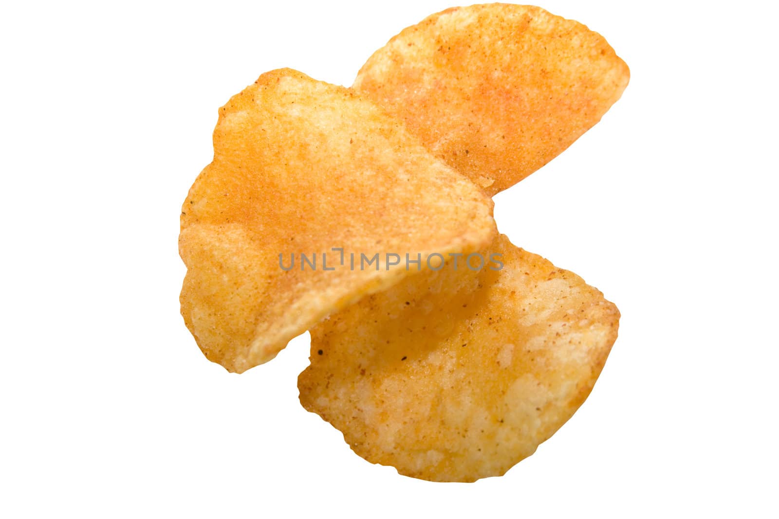 close up shot of three bbq potato chips on white background