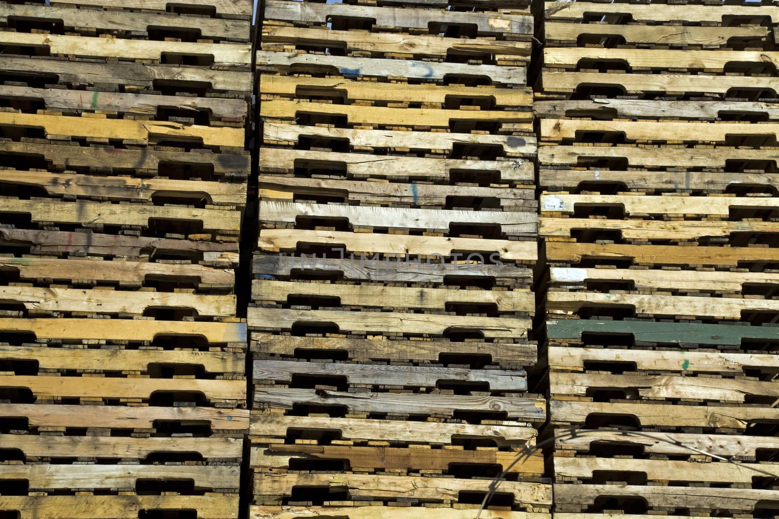 Piles of wooden pallets.