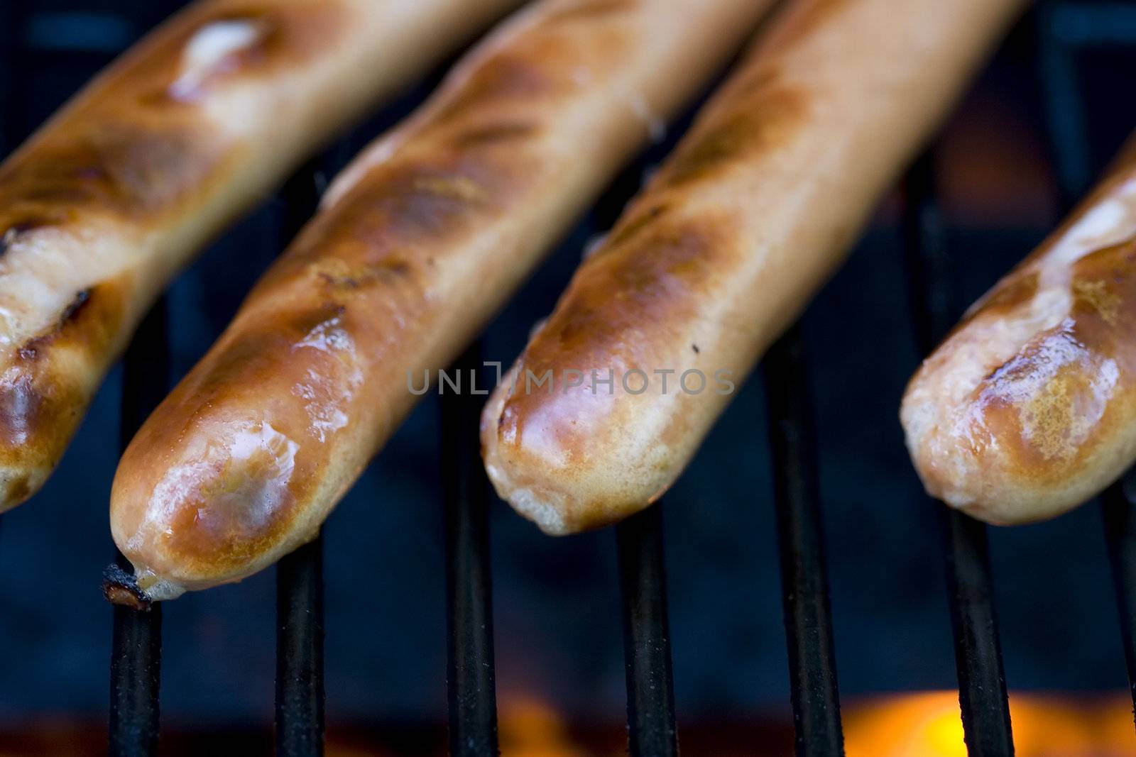 A summer bbq staple hotdogs on the grill close up shots shallow depth of view nice grill marks 
