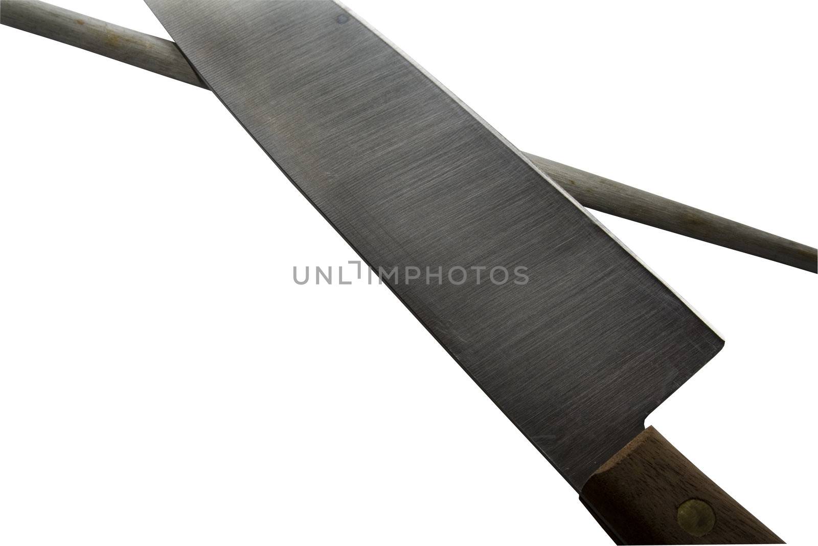 knife getting sharpened by a stell on white background
