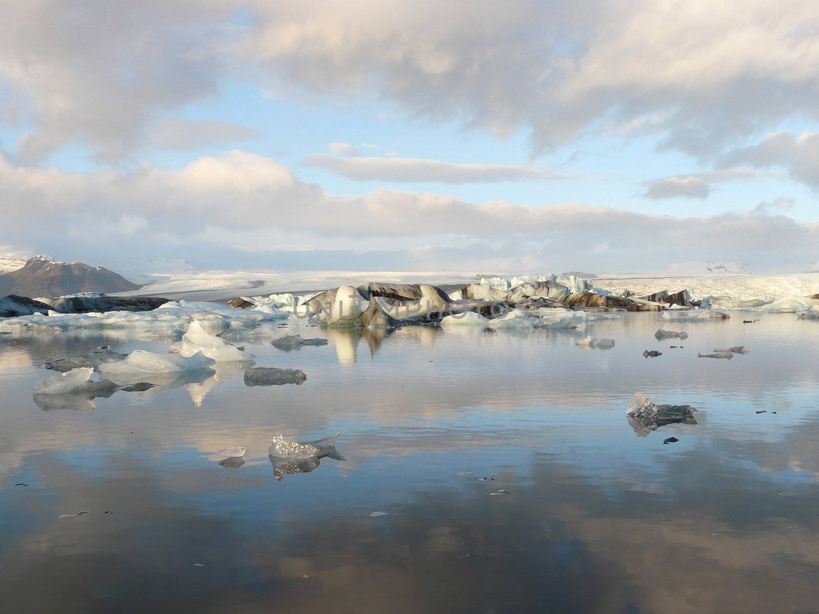 Jokulsarlon, a lake in Iceland, where icebergs collapsing from Vatnajokull glacier float around.