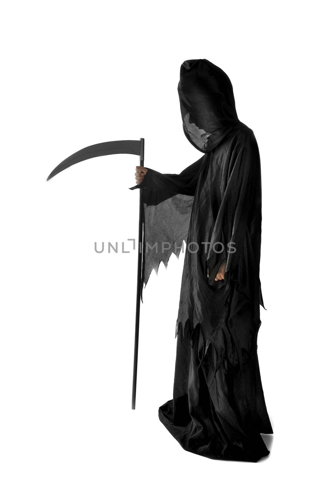 a scythe, dressed in black, on a white background