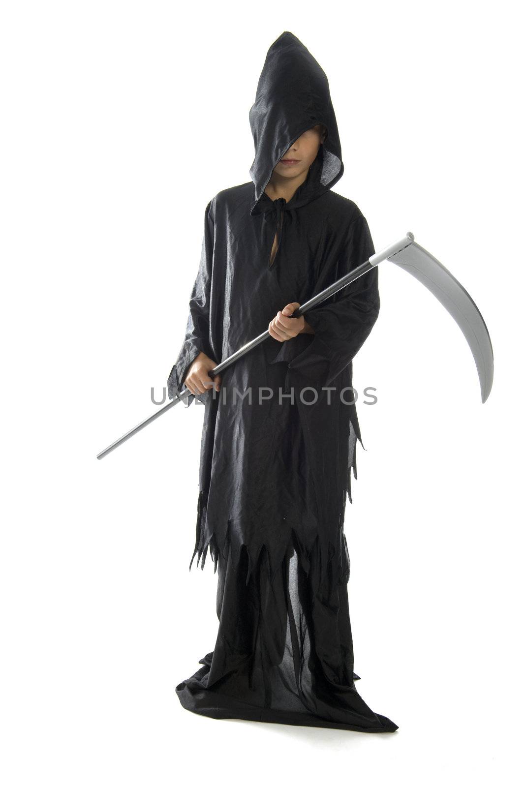 a scythe, dressed in black, on a white background