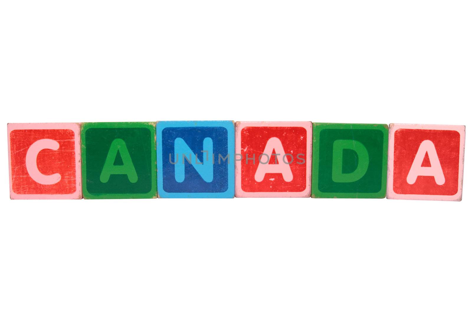 toy letters that spell canada against a white background with clipping path