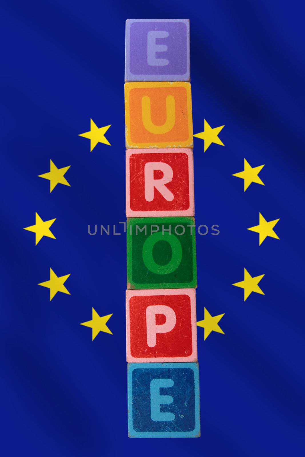 toy letters that spell europe against a flag background with clipping path
