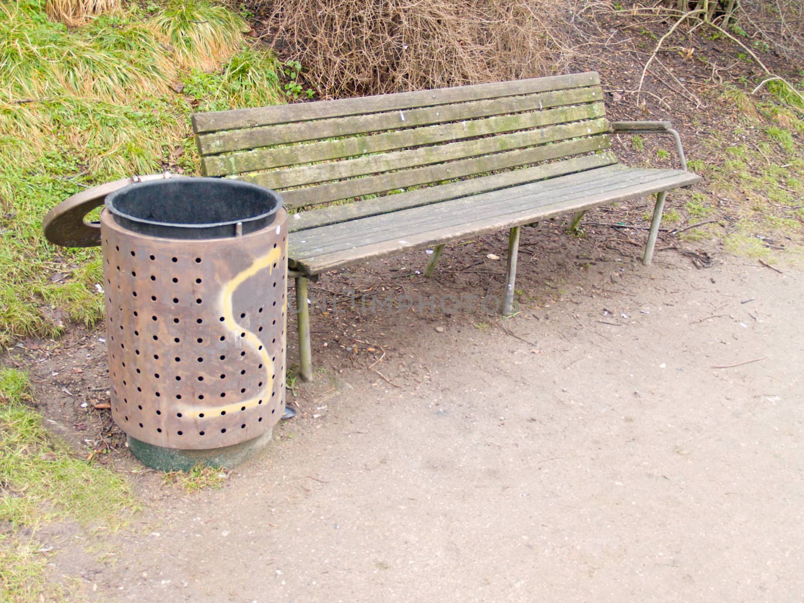 A peaceful bench and rubbish bin in  a park