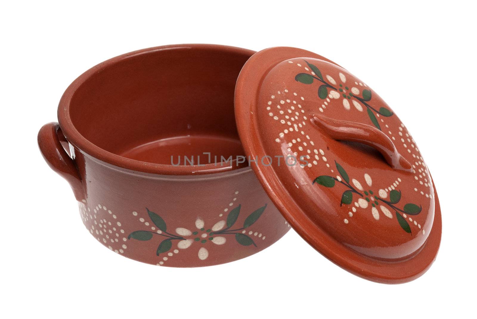 Clay pot for cooking isolated on white background.
