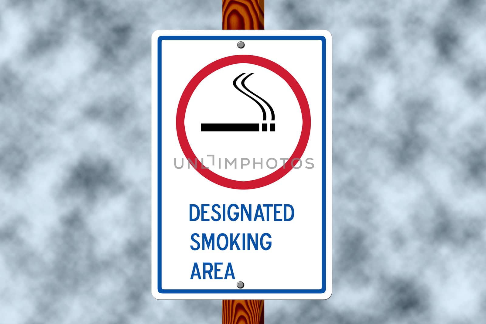 Designated smoking sign on a post against a dark smoke filled sky
