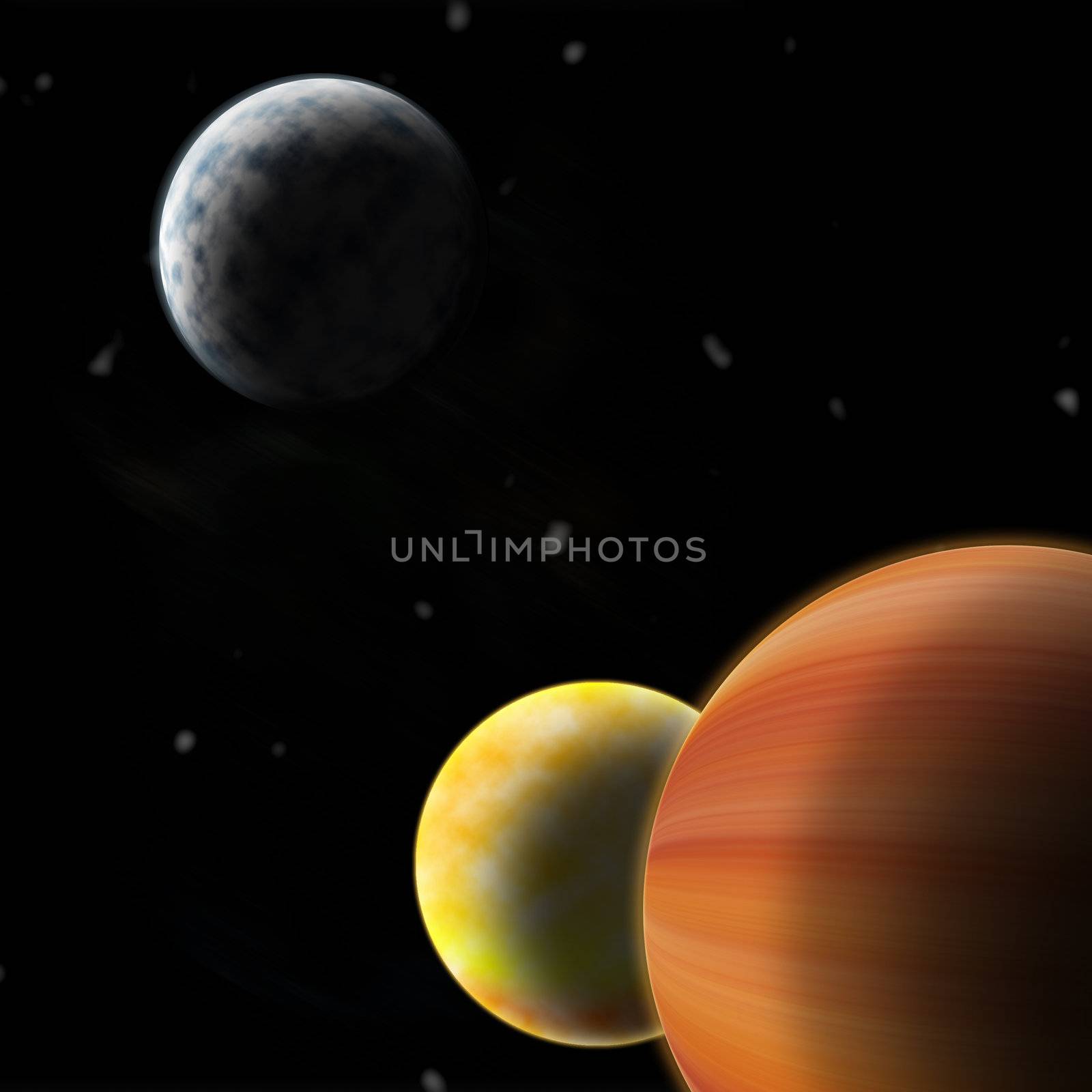 drawing of outer space three bright planets 