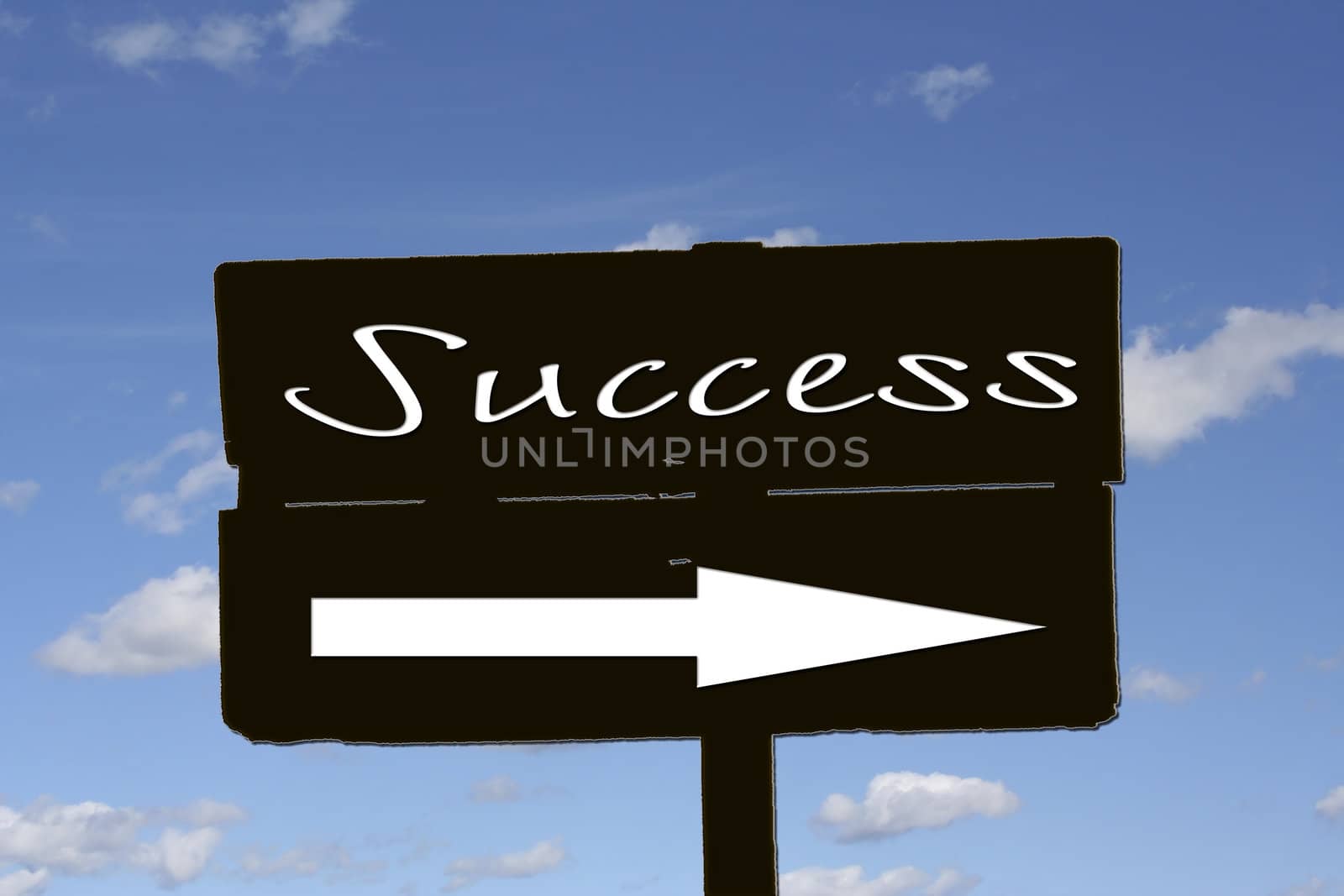 A sign with success and a arrow in front of puffy white clouds against a blue sky