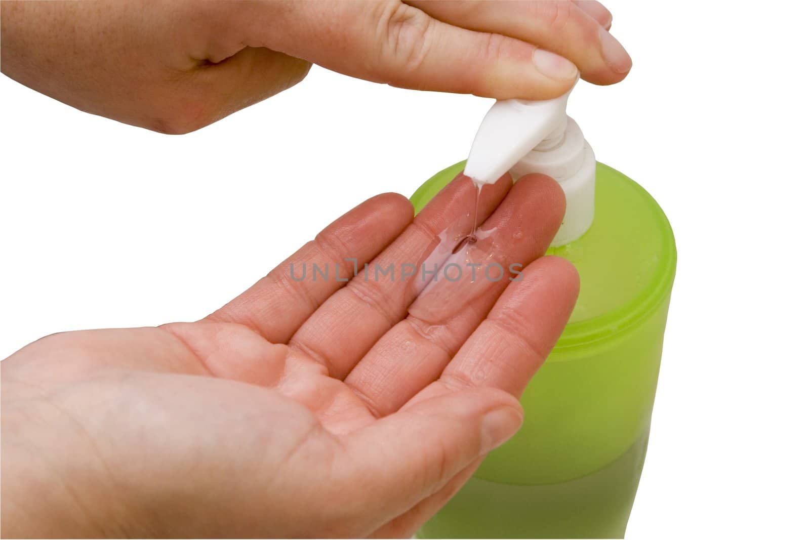 woman washing hand under running water white sink chrome spout putting liquid soap on hands