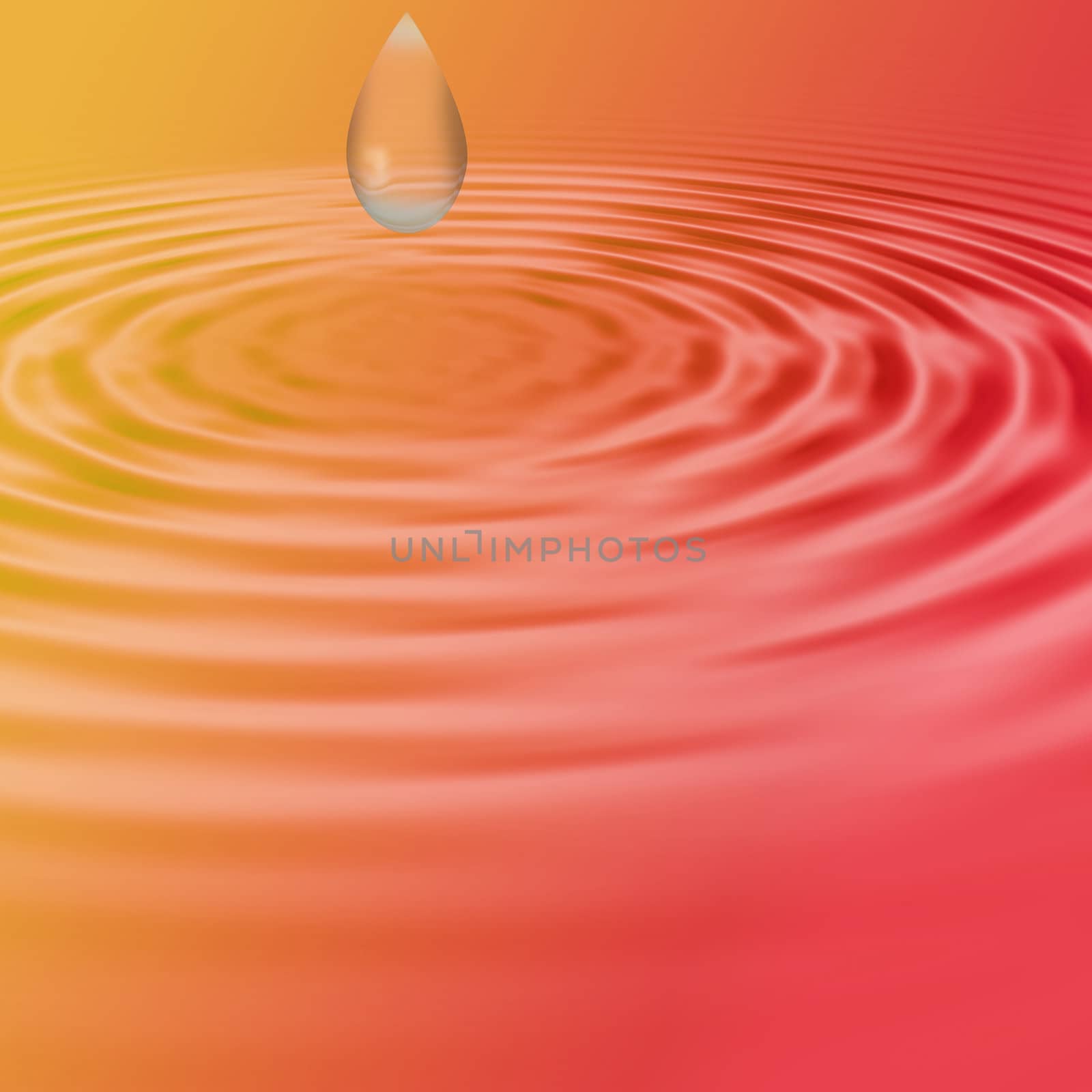 Water drop about to hit the water with waves starting in the center of the screen