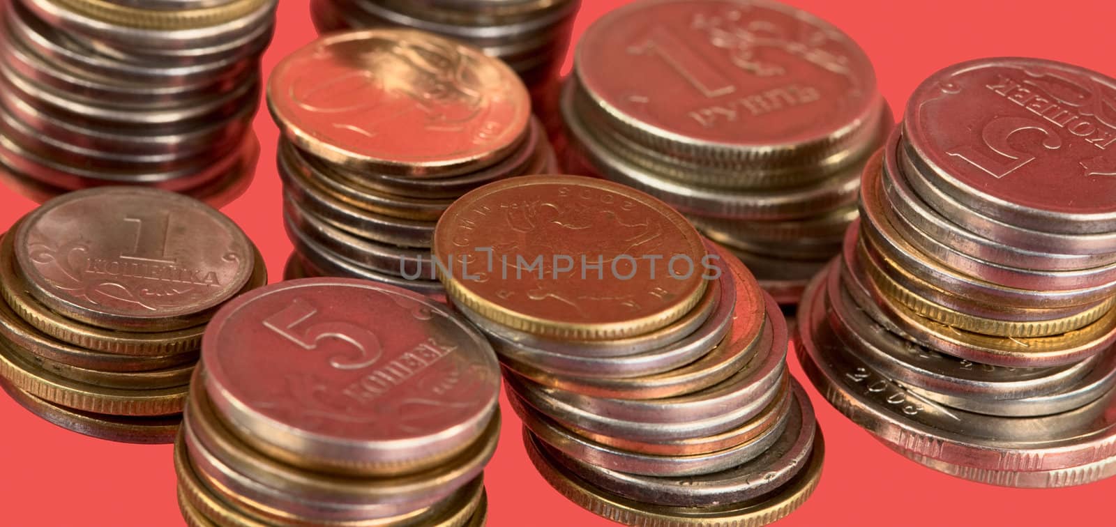 Russian coins on the red background