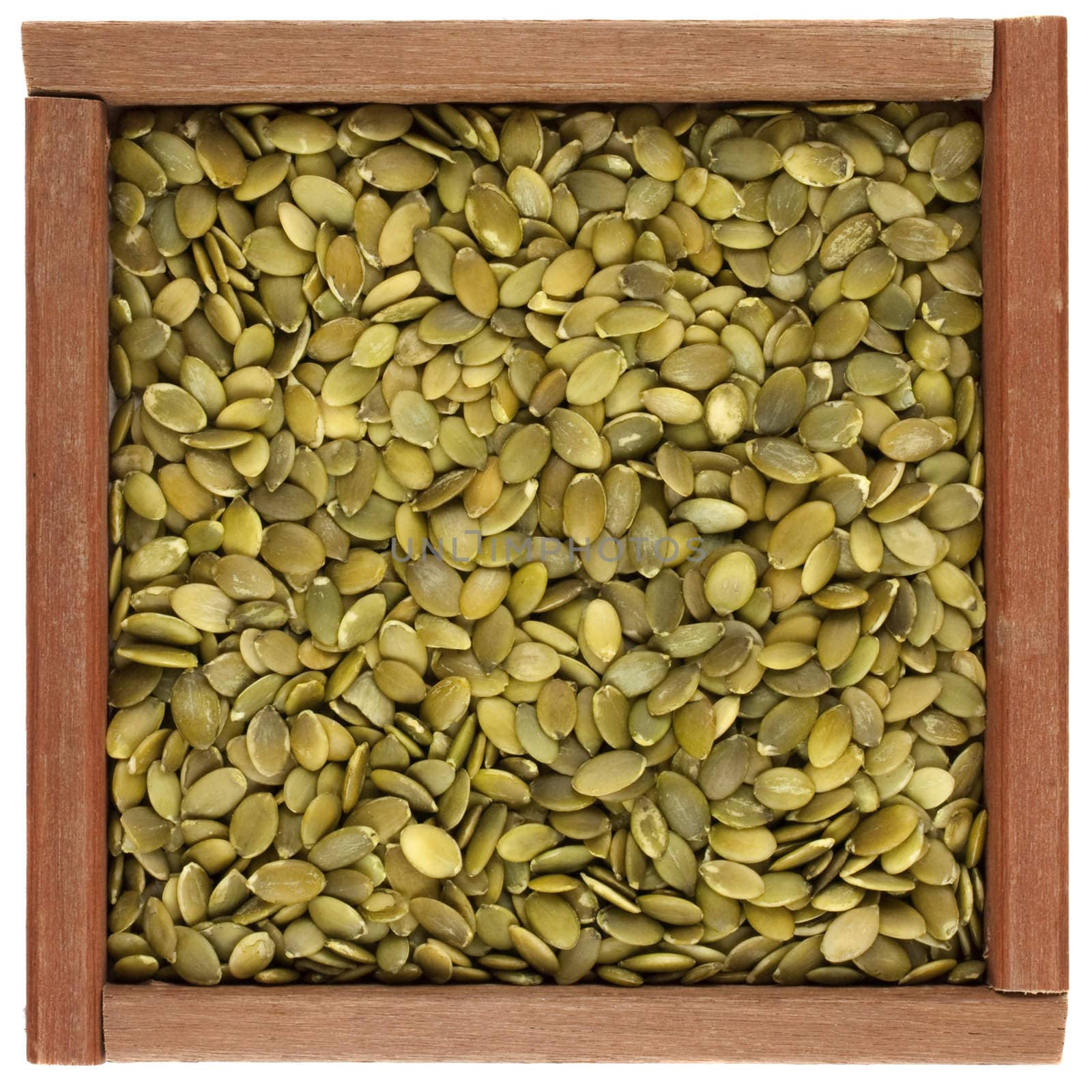 pepitas (pumpkin seeds) in a wooden box or frame isolated on white background
