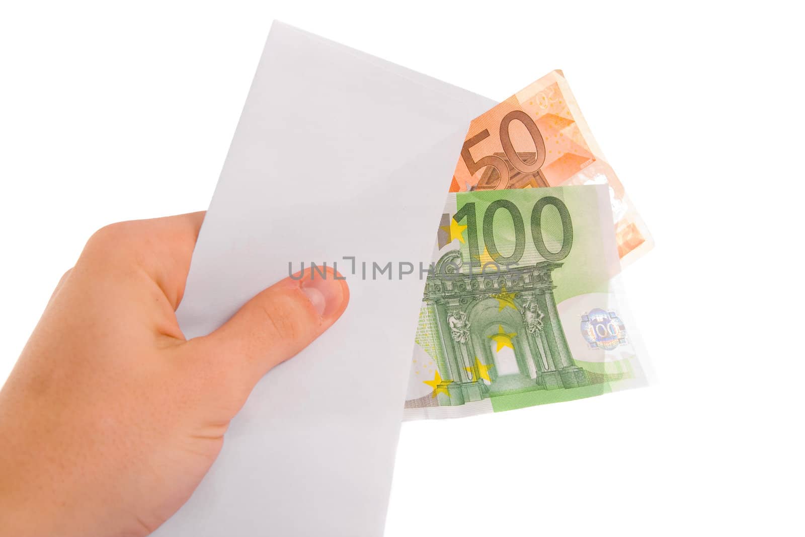 Hand holding euro money in envelope. Isolated.