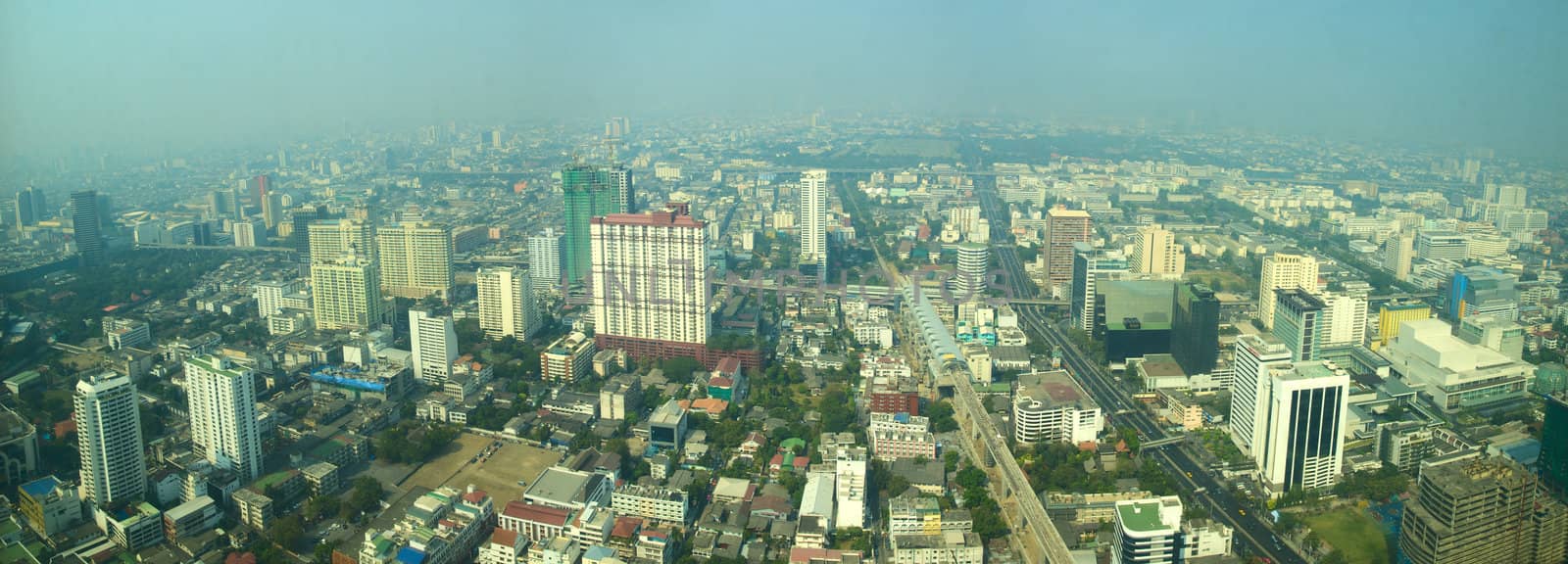 Wide angle panoramic shot of a aerial view of Bangkok downtown. Thailand