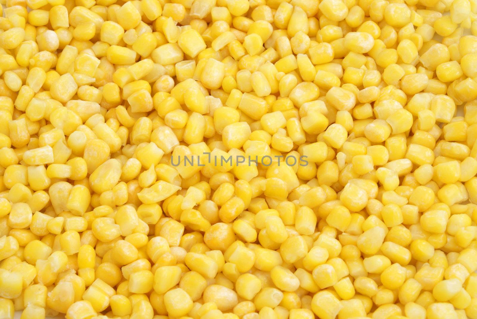 A macro of frozen kernels of corn.