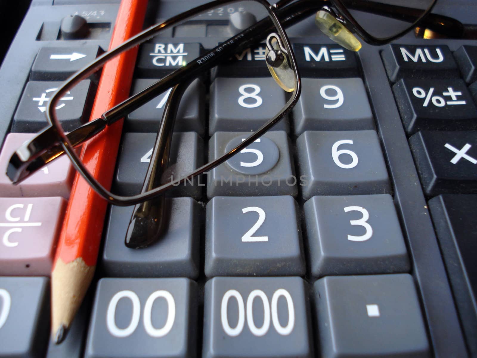 calculator, pen, glasses and some calculations