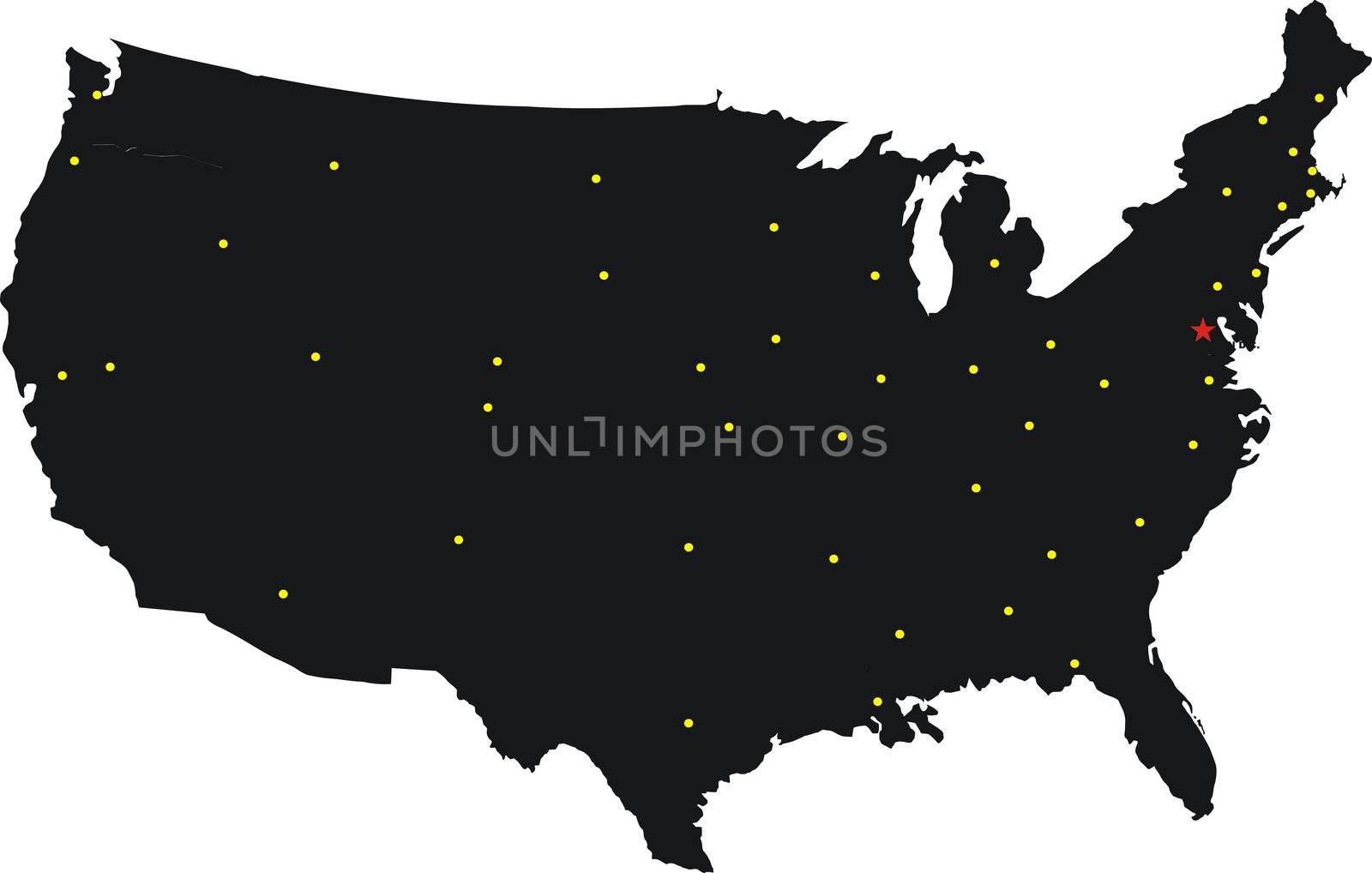 Black map of United States of America on the white background