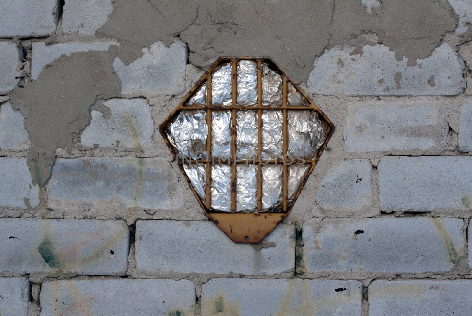 Brick wall, window, lattice, cement laying, foil