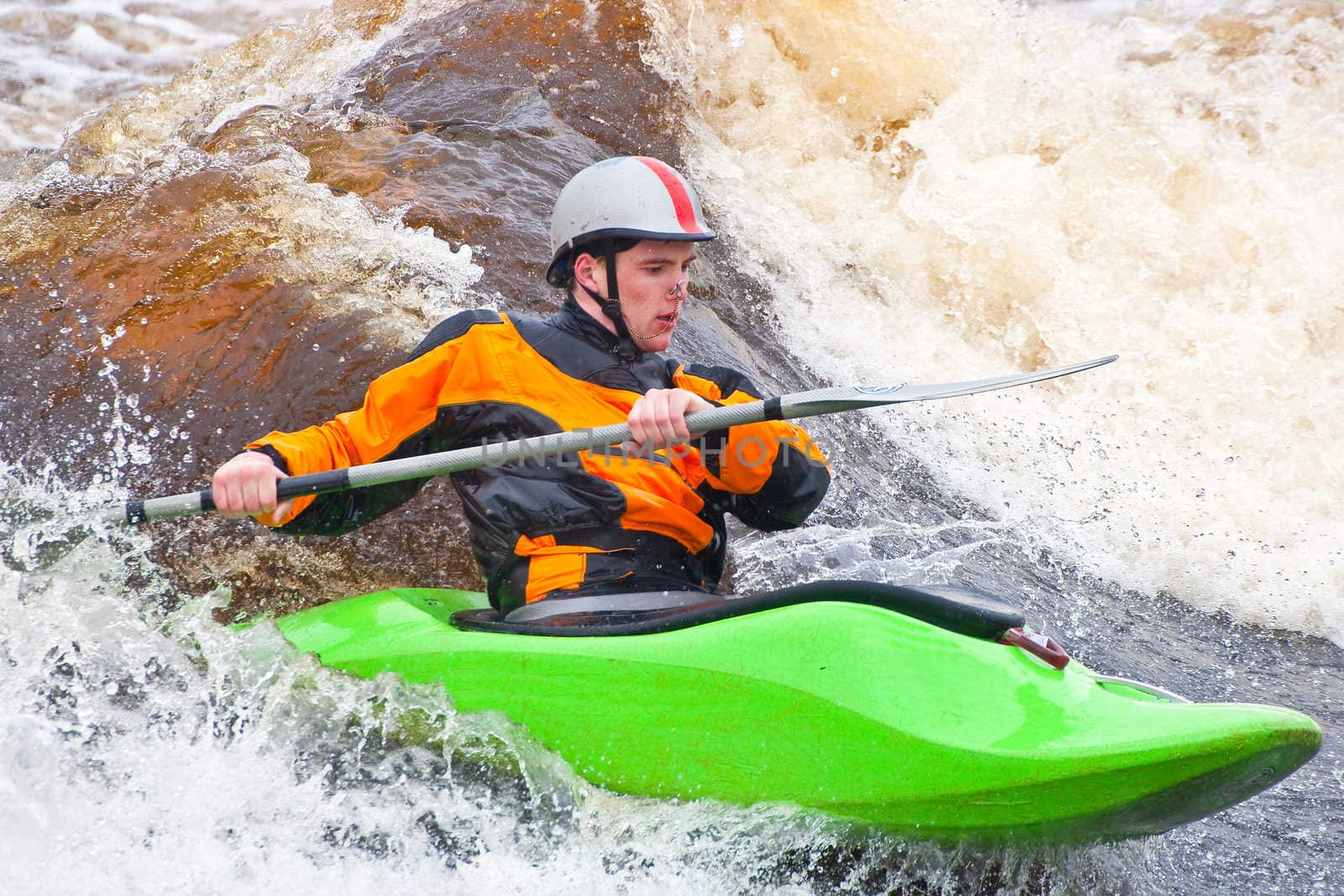 Kayak freestyle on whitewater, Russia, Msta, may 2010