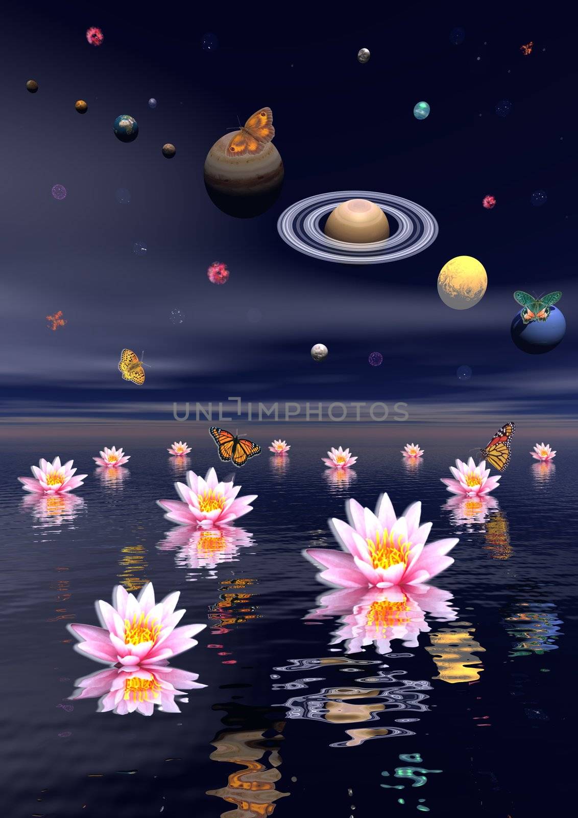 Planets of the solar system surrounded by several nebulas, planets and flying butterflies upon the ocean covered with lotus flower